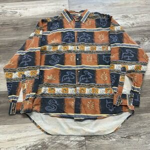 Vintage The Territory Ahead Brown Blue Orange Men L Abstract Pattern Shirt Birds